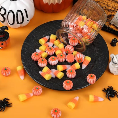 JUNEBRUSHS 50 Pcs Fake Candy Corns Artificial Pumpkin Resin Ornaments | Realistic and Lovely Appearance, Vase Filler, Halloween Fall Crafts Table Decorations - style: Corns Pumpkin Style