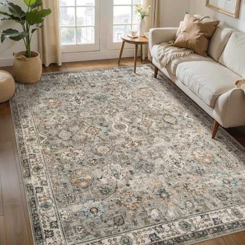 Tangsoo 4x6 Washable Area Rugs Non Slip,Vintage Boho Beige Floral Throw Rug | Farmhouse Distressed 4 x 6 Neutral Rug for Bedroom,Soft Low Pile Grey Floor Carpet for Entrance Office Bedside Living Room - color: Distressed Beige Grey, size: 4' X 6' (Rectang