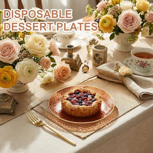 Rubtlamp 200Pcs Brown Plastic Dessert Plates with Gold Rim, 6inch Fancy Amber Plastic Plates Include 100 Hammered Appetizer Plates and 100 Disposable Gold Forks for Party Wedding Birthday - color: Brown gold