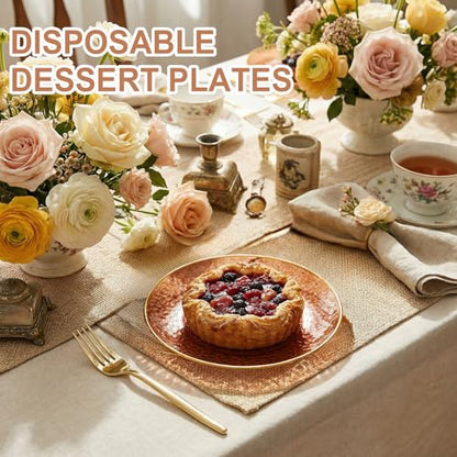 Rubtlamp 200Pcs Brown Plastic Dessert Plates with Gold Rim, 6inch Fancy Amber Plastic Plates Include 100 Hammered Appetizer Plates and 100 Disposable Gold Forks for Party Wedding Birthday - color: Brown gold