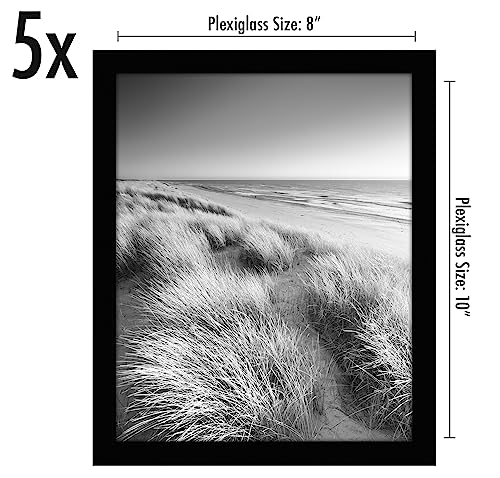 Americanflat 8x10 Picture Frame 5-Pack - Slim Molding - Black | Polished plexiglass front, wall or tabletop display with included easel, sawtooth hangers included, secure turn-tab backing - color: Black, size: 8x10