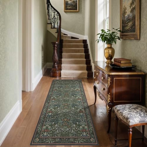 GENIMO 2.5x6 Washable Kitchen Runner Rug, Non Slip Mat, Dark Green | Vintage Boho Floral Low Pile Thin Mat for Entryway, Kitchen, Bedroom, Indoor Decor - color: Dark Green, size: 2'6" x 6' (Rectangular)
