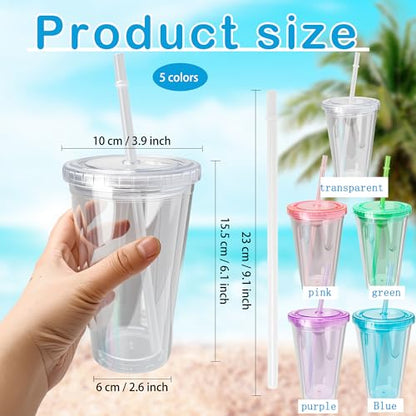 9 Set 16 oz Insulated Plastic Tumbler Double Wall Plastic Cup with Lids and Straw for Home Iced Coffee Water Juice Birthday Wedding Party Supplies (Color Set 1) - color: Color Set 1