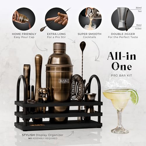 BARE BARREL® Mixology Bartender Kit Bar Set | 14-Piece Cocktail Shaker Set | Martini Barware Mixing Tools for Home Bartending | 35 Recipe Cards | Gift Set (24oz Cobbler Shaker, Brass/Black) - color: Brass/Black
