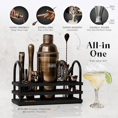 BARE BARREL® Mixology Bartender Kit Bar Set | 14-Piece Cocktail Shaker Set | Martini Barware Mixing Tools for Home Bartending | 35 Recipe Cards | Gift Set (24oz Cobbler Shaker, Brass/Black) - color: Brass/Black