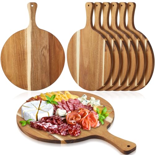 Sliner 6 Pcs Acacia Wood Round Cutting Board Pizza Paddle,14 X 18.9 Inch | 0.6" Thick Wood Boards with Handle, Charcuterie Serving for Cheese Meat Fruit Party, Chopping Paddle Kitchen Bulk Gift - size: 14 x 18.9 Inch