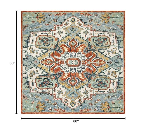 SAFAVIEH Aspen Collection Area Rug - 5' Square, Blue & Rust, Handmade Boho Wool, Ideal for High Traffic Areas in Living Room, Bedroom (APN312A) - size: 5' x 5' (Square)