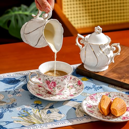 Agyiuns tea cups and saucers ceramic coffee mug 6oz for Coffee, Latte, Cafe Mocha (Big flowers-Set of 4) - color: Big flowers-Set of 4
