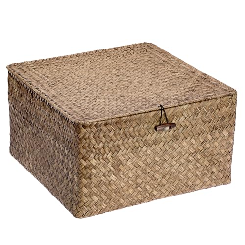 Hipiwe Handwoven Basket Container Seagrass Storage Box Wicker Bin for Fruits Snacks Clothes Books Towels Home Organizer with Lid, Coffee, XX-Large - color: Coffee, size: XX-Large