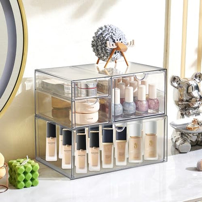 Prsildan Acrylic Drawer Makeup Organizer with 4 Drawers, Set of 2 | Clear, Baby Bottle Storage, For Vanity Countertop Bathroom Cosmetic Office Desk, Craft Jewelry Art Supply Organization - size: 4 Drawers
