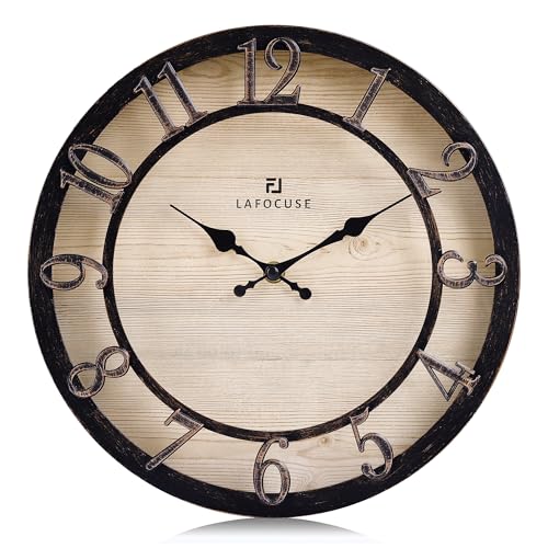 Lafocuse 12 Inch Black Kitchen Farmhouse Wall Clocks Battery Operated | Raised 3D Numbers, Silent Non-Ticking, Wood-Grain Dial, Vintage Antique Rustic Distressed Style for Living Room Decor Bedroom - color: Black