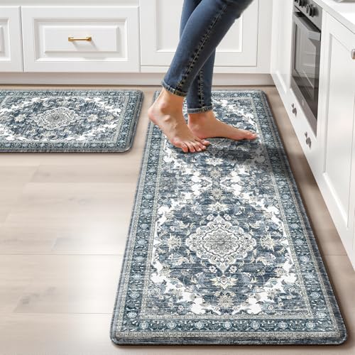 Boho Kitchen Mats for Floor 2 Piece Set Anti Fatigue Cushioned PVC Kitchen Rugs Non Slip Waterproof Farmhouse Mats 2/5 Inch Comfort Standing Mat for Sink, Laundry, 17.3"x47"+17.3"x28", Dark Blue - color: Dark Blue, size: 17.3"x28"+17.3"x47"