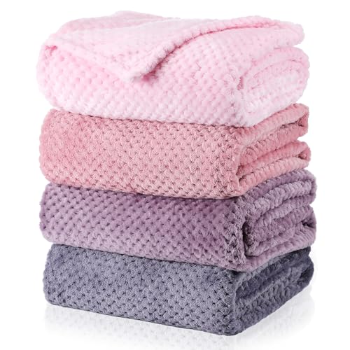 Newwiee 4 Pcs Flanne Fleece Throw Blanket for Bed Couch Large 3D Waffle Textured Soft Blanket Winter Warm Lightweight No Shedding No Pilling Decorative Throw, 50x60 Inch(Gradient Purple) - color: Gradient Purple
