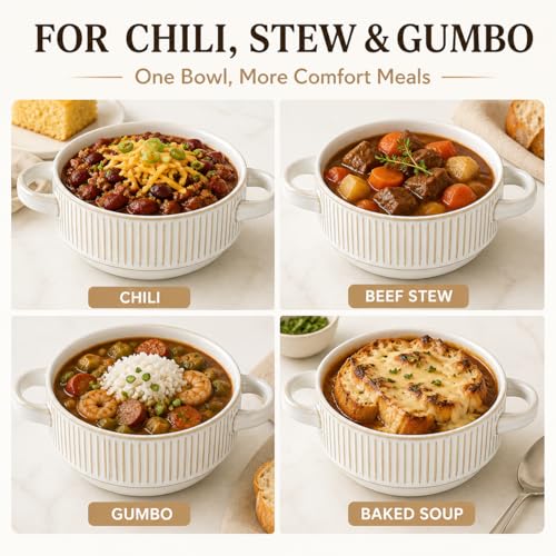 French Onion Soup Bowls with Handles, 26 oz Oven Safe Ceramic Soup Crocks Set of 4, Large Soup Bowls for Chili, Beef Stew, Gumbo, Microwave & Dishwasher Safe