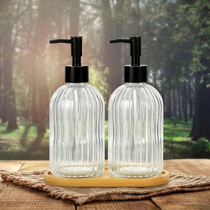 Kitchen Soap Dispenser Set with Wood Tray, Glass Soap Dispenser with Plastic Pump, Hand and Dish Set for Bathroom Decor (Clear)