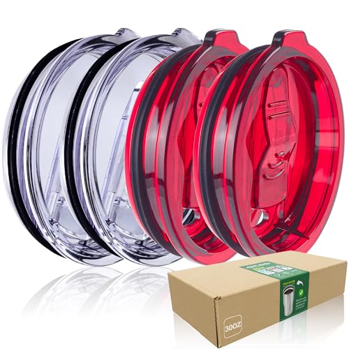 4 Replacement Lids for Stainless Steel Tumbler Travel Cup, Leak and Spill resistant Lid for 30 OZ Rambler or Others of Insulated Mugs With an Inside Diameter of 3.7-3.74 Inches - color: 30OZ Seal (2 Red + 2 Transparent)