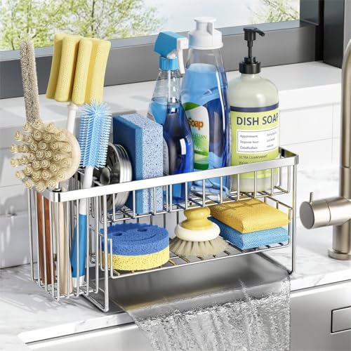 Cisily Silver 2-Tier Kitchen Sink Caddy Organzier Rack with Flexible Dish Brush Holder, Sponge Holder for Kitchen Sink Countertop Organization Storage,Home Decor Stainless Steel - color: Silver