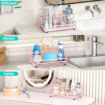 HapiRm Toothbrush Holders for Bathroom - 5 Partitions Bathroom Counter Organizer with Instant Drying Stone, Stainless Steel Countertop Storage Electric Toothbrush Toothpaste Holder - Pink - color: Pink
