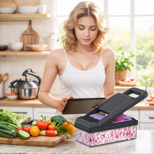 12-in-1 Vegetable Chopper 7 Blades, Veggie Cutter with Handle, Black/Purple | Stainless Steel Blades, Food Container and Lid, Dicer, Slicer, Julienne, Egg Separator, Non-slip Base, Include Cleaning Tools - color: Purple, size: 7 blades