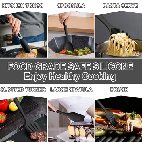 Silicone Kitchen Utensils Set, Umite Chef 22Pcs Cooking Utensils Spatula Set, Heat Resistant Non-Stick Silicone, Dishwasher Safe Cooking Gadgets Tools Set(Black) - color: Black