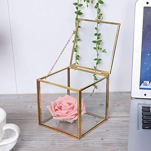 Glass Planter, 3.9in Geometric Terrarium with Gold Copper Frame