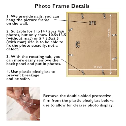 JCJMY 11x14 Collage Picture Frame with Mat, Display 5 Pcs 4x6 Photos or 11x14 Picture, Five Opening 4x6 Picture Frame Collage for Wall Hanging, Lightweight 4 x 6 Multi Photo Frame,Gold - color: Gold
