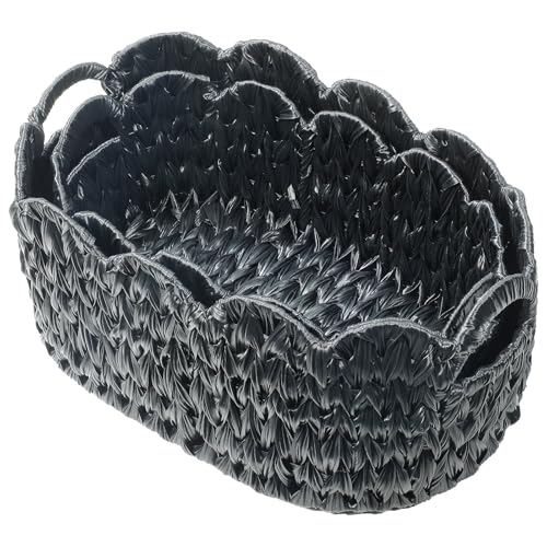 Coeusy Wicker Scalloped Basket Set of 2,Woven Storage Baskets for Shelves,Closet,Laundry,Gift,Towels,Books,Toys,Waterproof Decor Basket for Organizing,Black Oval - color: Black
