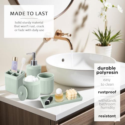 XLHOMO Light Green Bathroom Sets with Shower Curtain and Rugs, 8-Piece Resin Bathroom Accessories Sets Complete, Soap Dispenser, Toothbrush Holder, Tumbler, Tray & Apothecary Jars Bathroom Essentials - color: Green, size: Resin Bath Set Complete