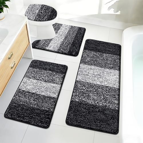 Bsmathom Bathroom Rug Set 4 Piece, Plush Microfiber Bath Mat, Black | Extra Water Absorbent, Non Slip Washable Runner Bath Rugs with Toilet Lid Cover and U-shaped Contour Toilet Mat - color: Black, size: 18"x26"+18"x48"+U20"x24"+Cover19"x21"