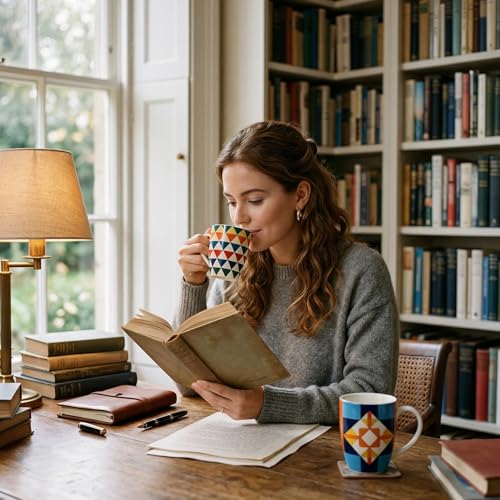Bohemian Ceramic Coffee Mugs Set of 4, 15oz/450ml Geometric Pattern Tea Cups, Large Porcelain Mugs for Latte Cappuccino, Colorful Boho Drinkware Gift Set