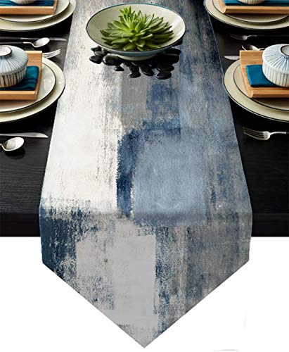 Blue and Grey Table Runner,Blue Abstract Modern Art Burlap Table Runners for Table Dresser Runner Farmhouse Style for Dinner Party Holidays Home Decoration (Blue and Grey, 13"x 71") - color: Blue and Grey, size: 13"x 71"