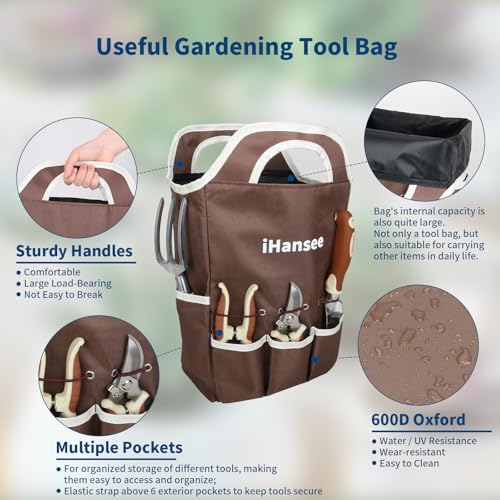 Brown Garden Tools Set 12-Piece, Gardening Gifts for Women Men | Aluminum Garden Hand Tool Kit with Non-Slip Ergonomic Handle, Storage Tote Bag, Apron, Gloves and Kneeling Pad for Gardeners - color: brown