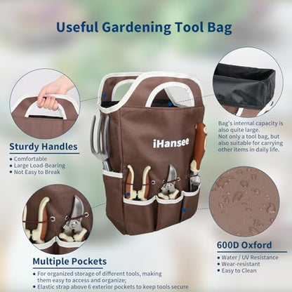Brown Garden Tools Set 12-Piece, Gardening Gifts for Women Men | Aluminum Garden Hand Tool Kit with Non-Slip Ergonomic Handle, Storage Tote Bag, Apron, Gloves and Kneeling Pad for Gardeners - color: brown