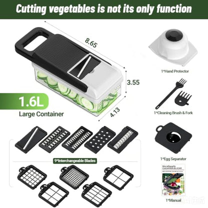 15-in-1 Vegetable Chopper 10 Blades, Veggie Cutter with Handle, Black/White | Stainless Steel Blades, Food Container and Lid, Dicer, Slicer, Julienne, Egg Separator, Non-slip Base, Include Cleaning Tools - color: Black, size: 10 blades