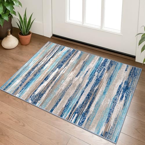 Lansny Abstract 2x3 Area Rug Small Washable Entryway Rug Non Slip Door Mat | Blue;Thin Printed Faux Wool Kitchen Rugs;Throw Rugs for Foyer,Entrance;Indoor Front door Rug;Modern Entry Rug;Floor Carpet - color: Blue Aqua/Beige Taupe Multi, size: 2' x 3' (Re