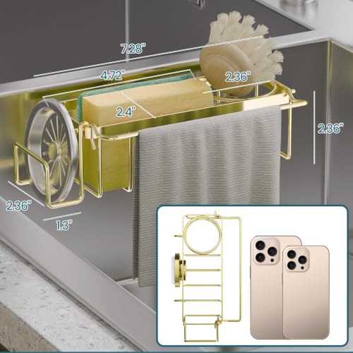 TAILI 4-in-1 Sponge Holder for Kitchen Sink with Strong Suction Cup-Gold | Removable Rustproof 304 Stainless Steel Multi-compartment Sponge Holder with Suction Cup, Keeps Brushes & Scrubbers Tidy - color: Gold, size: 7.28" x 2.36"