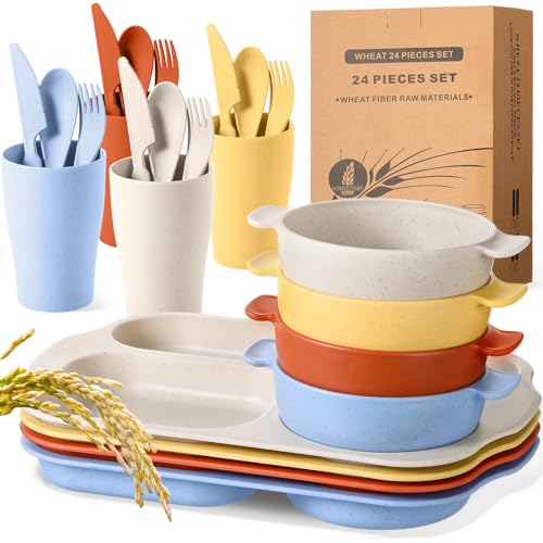 Honoson 24 Pcs Wheat Straw Dinnerware Cutlery Set, Service for 4, Unbreakable Plates and Bowls Set - Divided Plates, Bowls, Spoons, Forks & Knives, Microwave & Dishwasher Safe(Mixed Color) - color: Mixed Color