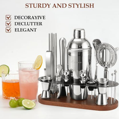 23-Piece Cocktail Shaker Set with Stand, 304 SS, Bartender Kit Gift | Complete Home Bar Set: Leak-proof Shaker, Jigger, Muddler, 18/8 Steel, Gift for beginners, cocktail lovers & house parties - color: brown-y