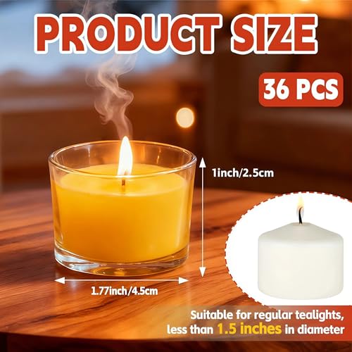 36 Pack Clear Glass Tealight Candle Holders for 1.5" Tealights | 1.8" wide x 1" high size; smooth glow; bulk decor for wedding centerpieces, party tables, romantic dinners & DIY