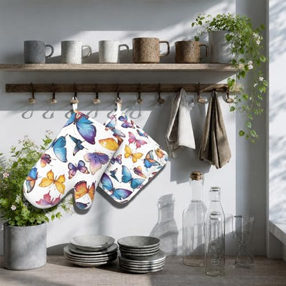 Colorful Butterflies Heat-Resistant Oven Mitts and Pot Holder Kitchen Non-Slip Silicone Cooking Microwave Gloves for Cooking Baking Grilling BBQ - color: Colorful Butterflies