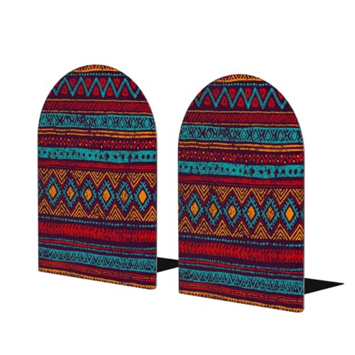 Retro Enthic Mandala Geometric Wooden Print Book Ends Decorative Wood Bookends for Shelves Heavy Books, Non-Skid Book Stoppers, 1 Pair/2 Pieces - size: Large