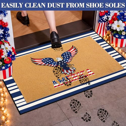 Timgle 2 Pcs Eagle Patriotic Doormat Set America Flag Veterans Day Outdoor Rug and Navy White Striped Area Rug Non-Slip Welcome Front Mat for Memorial Day Home Decor - style: Bald Eagle