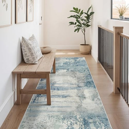 8 Foot Washable Runner Rug: Non Slip Abstract Kitchen Entryway Carpet Blue | Bedroom - Soft Stain Resistant Easy Clean Mat for Family with Pets - color: Blue, size: 2'6" x 8' (Rectangular)
