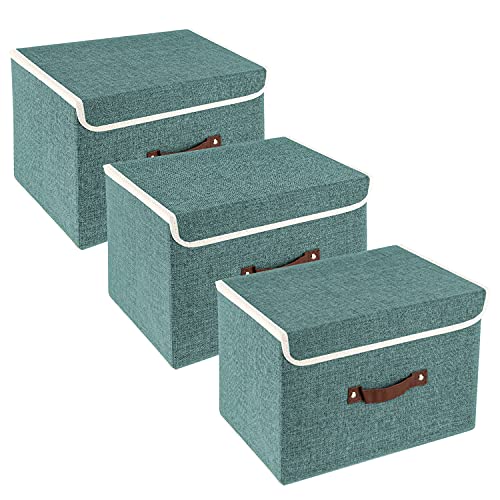 Collapsible Storage Boxes, Washable Fabric Storage Bins with Lids, 14.9x9.8x9.8 inches, 3 Pack, Aqua Deep - color: Aqua Deep, size: 3-pcs 14.9x9.8x9.8 in