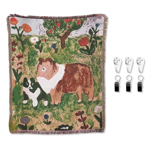 LumiSyne Woven Tapestry Throw Blanket With Hangers And Clips Cute Pet Pattern Cotton Throw With Tassel Decorative Throws For Sofa Bed Armchair Multi-Function Picnic Blanket Tablecloth Carpet 160x130cm - color: Dog in the Flower Bush