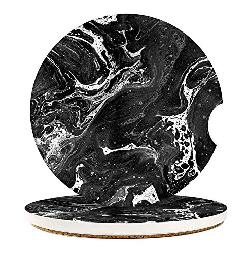 Car Coasters for Drinks, 2 Pcs Ceramic Stone 2.56 Inch, Black | Marble Luxury Waves Absorbent Non-Scratch Cork Base Cupholder Auto Accessories for Women Men - color: Black Marble