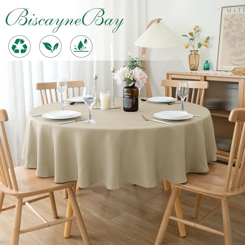 Biscaynebay Textured Fabric Round Tablecloths 70", Natural Water Resistant Table Cloth Circle Folding Table Covers for Dining, Kitchen, Wedding, Parties etc. Machine Washable - color: Natural, size: 70" (Round)