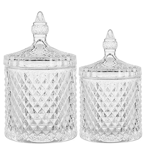rejomiik Qtip Holder Glass Apothecary Jars with Lid Bathroom Accessories Vanity Organizers and Makeup Storage for Cotton Swabs, Balls, Pads, Floss Picks, Candy, 2 Pack Small and Large Clear | Thick Glass Bathroom Canisters Storage Organizer for Cotton Swa