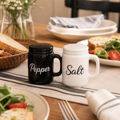 Farmhouse Salt and Pepper Shakers Ceramic Mason Jar 2 oz Set with Handles | Petite 2.5-inch tabletop size · Removable bottom plugs · Dishwasher safe
