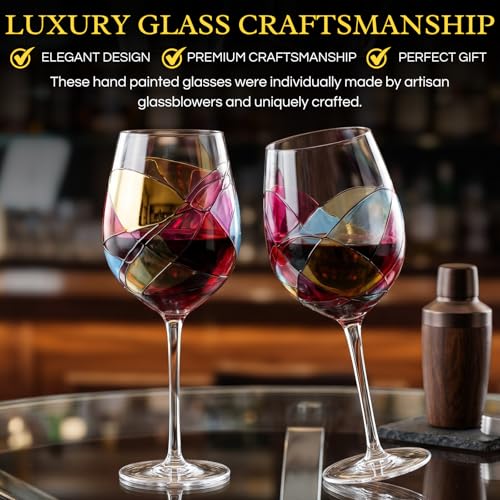 Artisanal Hand Painted Stemmed Wine Glasses - Everyday Celebrations, Gifts Idea for Wife, Mom, Valentine, Holiday Renaissance Romantic Stain-glassed Windows, 2 Set - Gift Idea Birthday, Housewarming - style: Stemmed Glasses Set